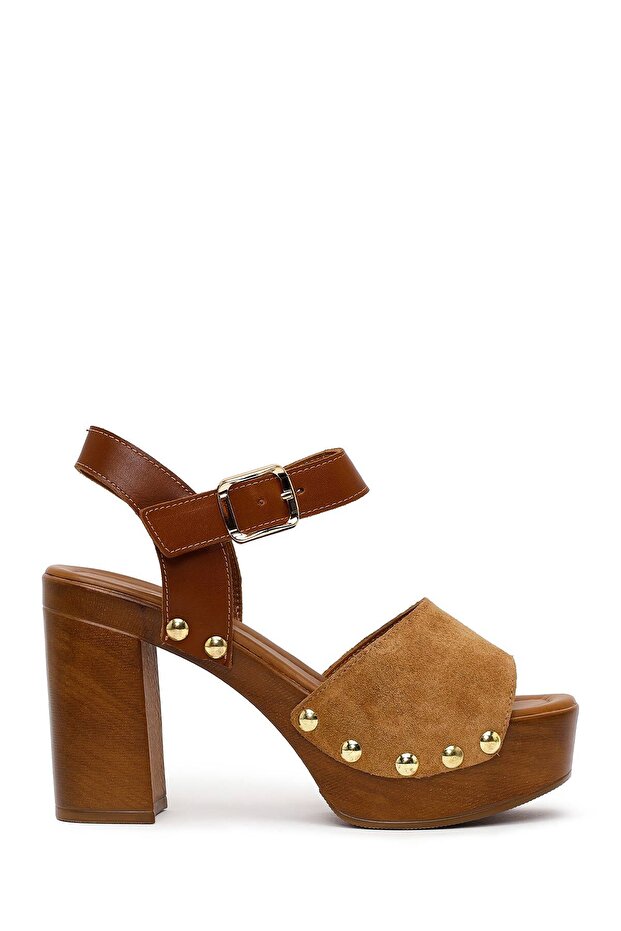 Women's Tan Ankle Buckle Platform High Thick Heeled Suede Leather Sandals 26Sfd152810
