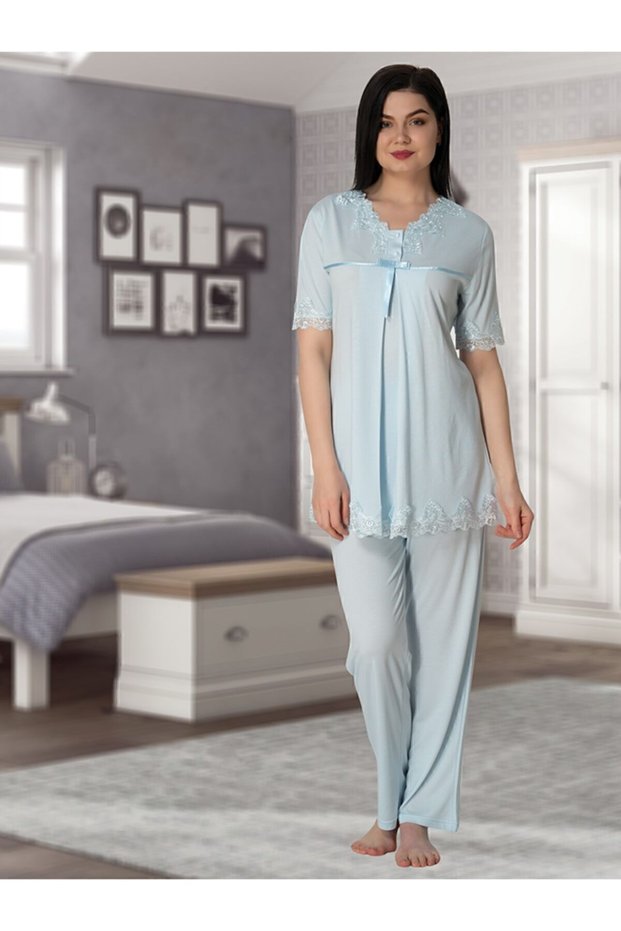 Women's Blue Lace Collar Maternity Pajamas Set Effortt 5032