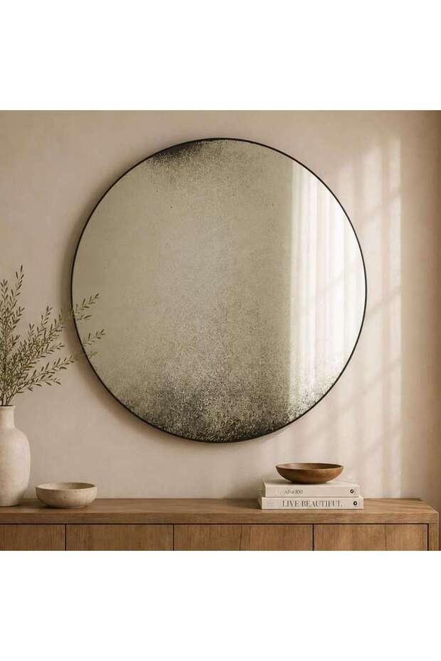 Meridian Antique Finish Round Mirror Dia 89cm - Black