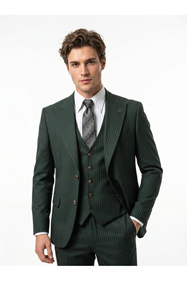 Sartorial | Emerald Green Striped Vest Suit