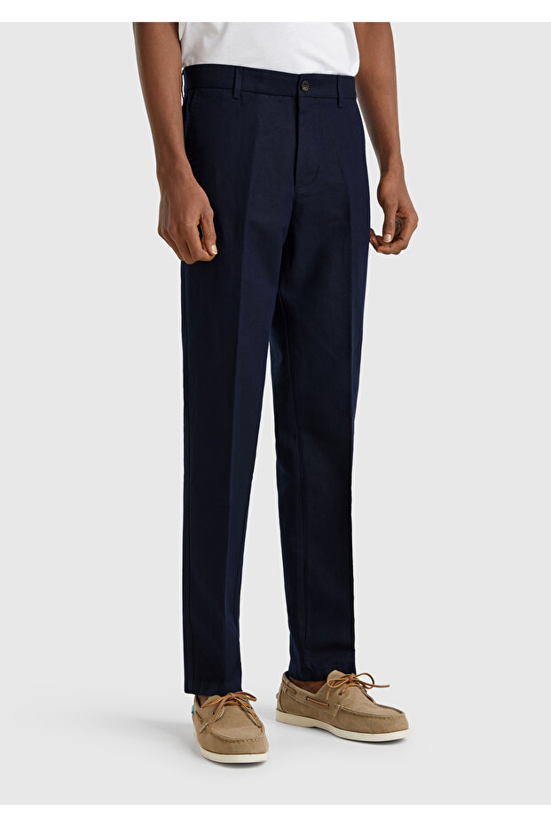 Men's Navy Blue Linen Blend Straight Fit Trousers with Piping on Pockets