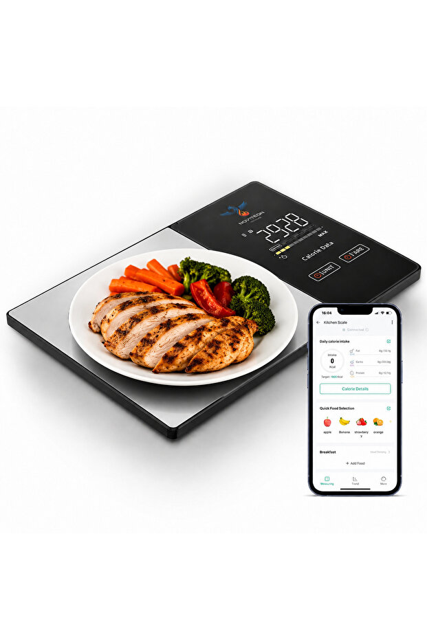 NKS-4540B Elegant Smart Nutrition Kitchen Scale with Auto Calorie Tracking, Stainless Steel LED Platform, Bluetooth Fitdays+ Sync, 5kg Precision Weighing –Black