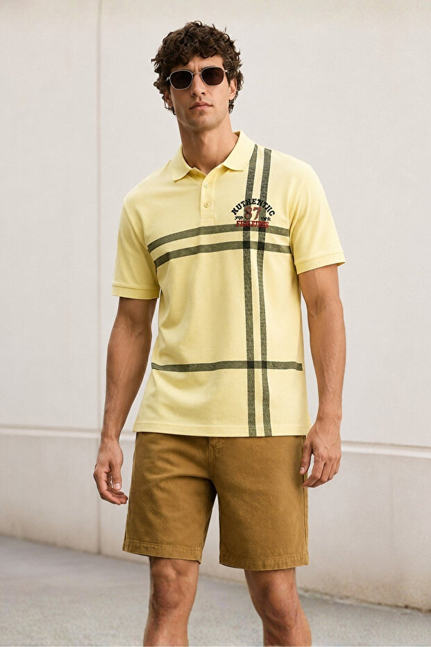 Yellow Patterned Polo Collar Men's T-Shirt 5872