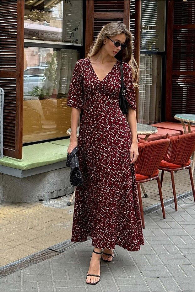 Burgundy Floral Patterned Half Sleeve Dress Mg2390