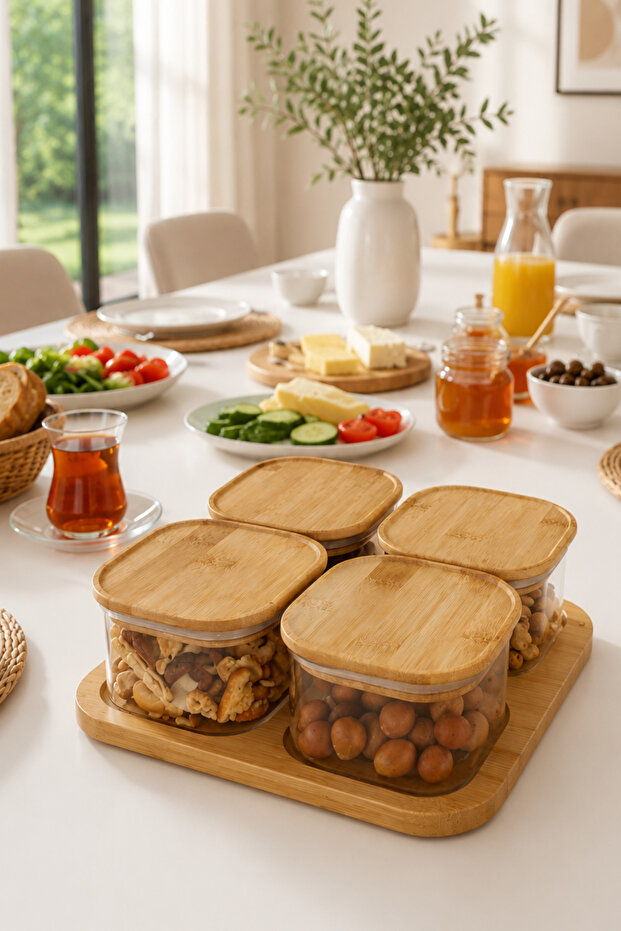 4-Piece Glass Breakfast Bowl with Bamboo Tray and Bamboo Vacuum Lid