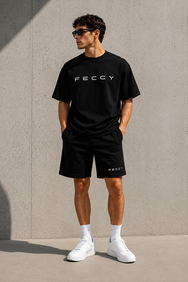 Black Women's and Men's Printed Oversized Set with Shorts