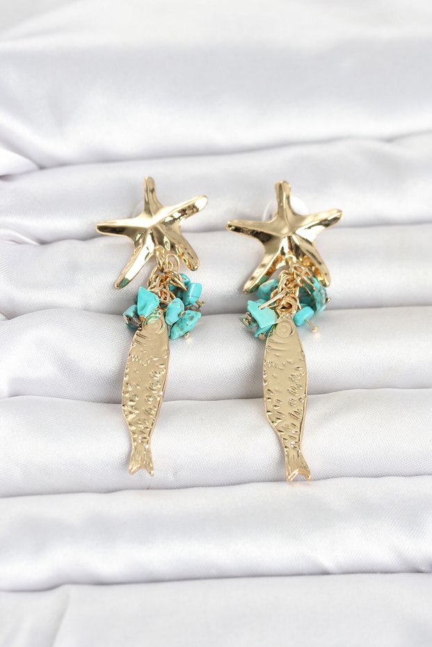 Ramia-Premium | Gold Color Women's Earrings with Sea Star and Fish Detail in Blue Stone Tj-Bkp11794 | Tg.Ty