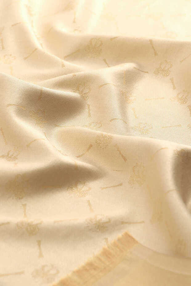 Cream Monogram Pattern Jacquard Silk Shawl - 4