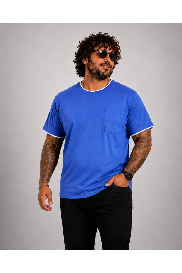 Men's Large Size Crew Neck T-Shirt with Pockets 26143 Cobalt Blue