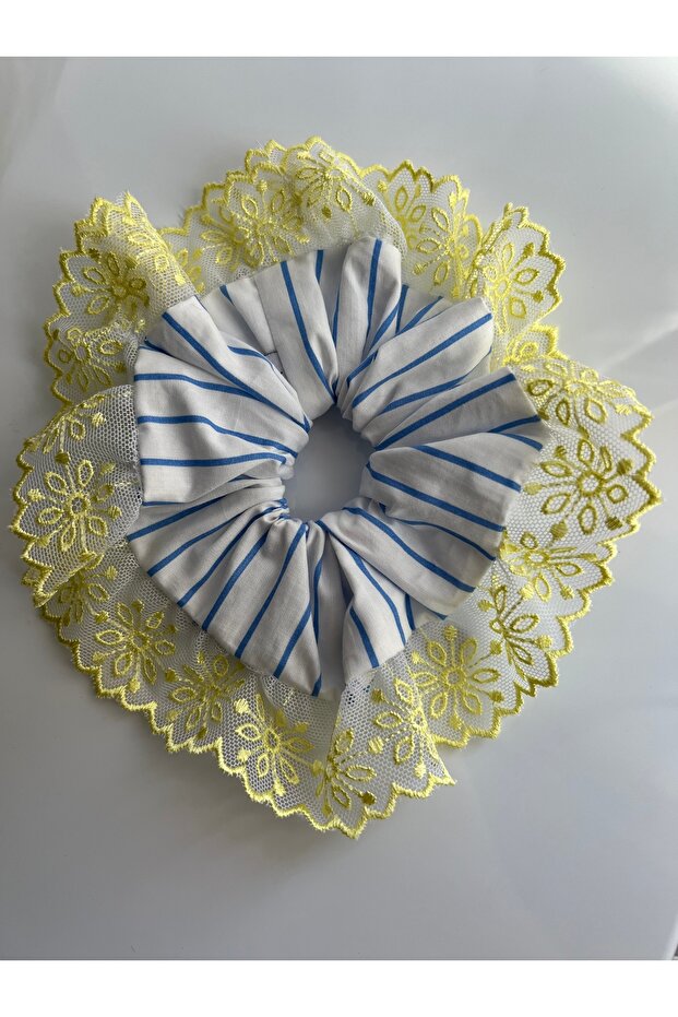 Yellow Lace Ruffle Detailed Blue Striped White Scrunchie Elastic Hair Tie