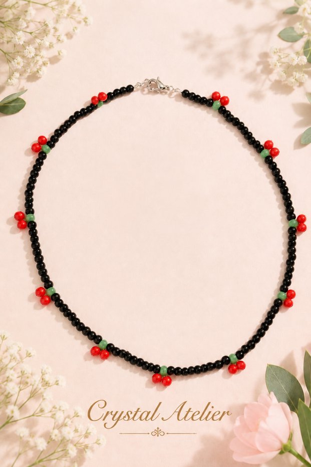 Black Beaded Cherry Pendant Handmade Colorful Women's Necklace