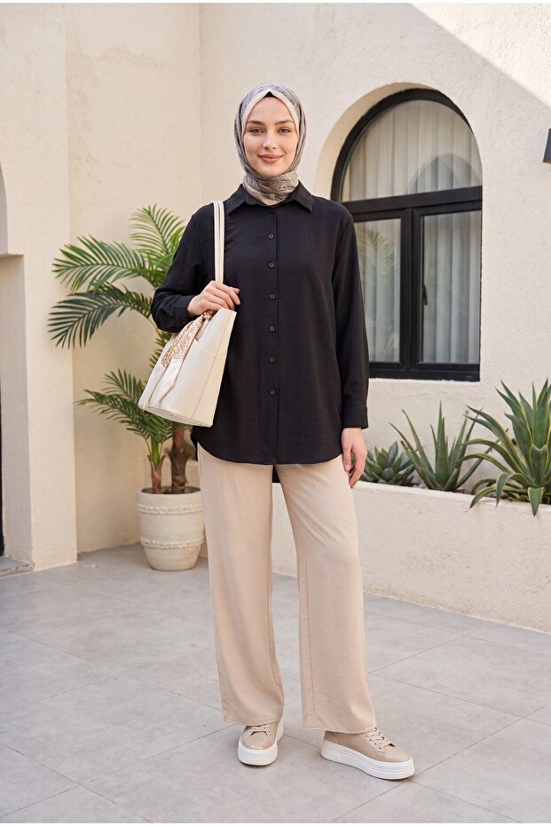 Long Buttoned Back Poplin Shirt - Black