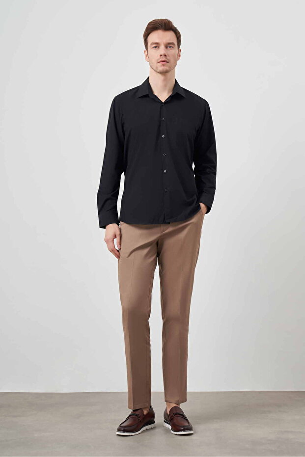Men's Black Basic Plain Pattern Pocketed Hard Collar Regular Fit Shirt - 3