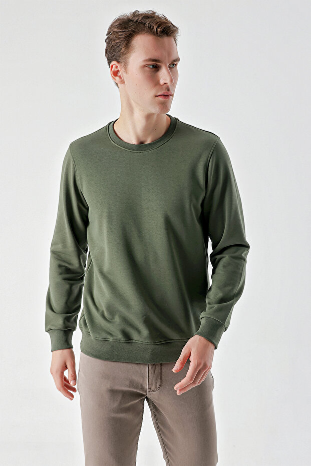 Men's Green Basic Crew Neck Sweat-Shirt - 3