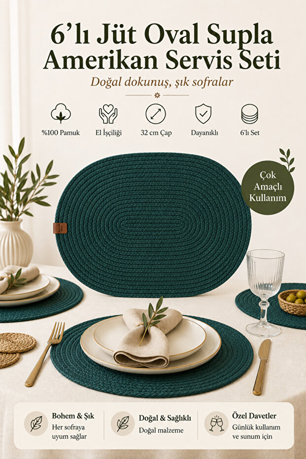 6-Piece Oval Jute Platter American Service Set Green Color Bohemian Tableware Presentation Plate Coaster