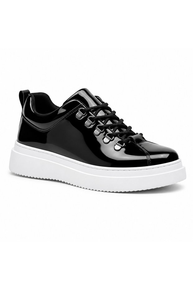 Black Patent Leather White Sole Men's Sneakers - Shiny Casual Comfortable Sports Shoes with Soft Insole Kb X4