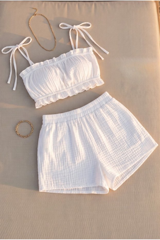 Organic Cotton Muslin Strappy Crop Shorts Set - Natural Natural-Oeko Tex Certified Fabric