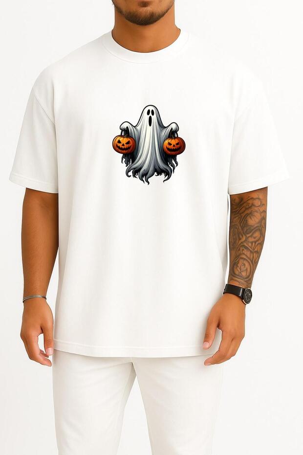 Oversized Halloween and Ghost Chest Printed Unisex T-Shirt