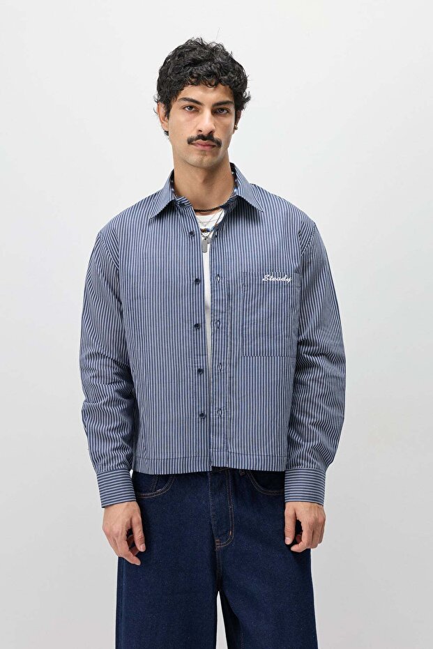 Long Sleeve Pocketed Boxyfit Shirt Navy Blue