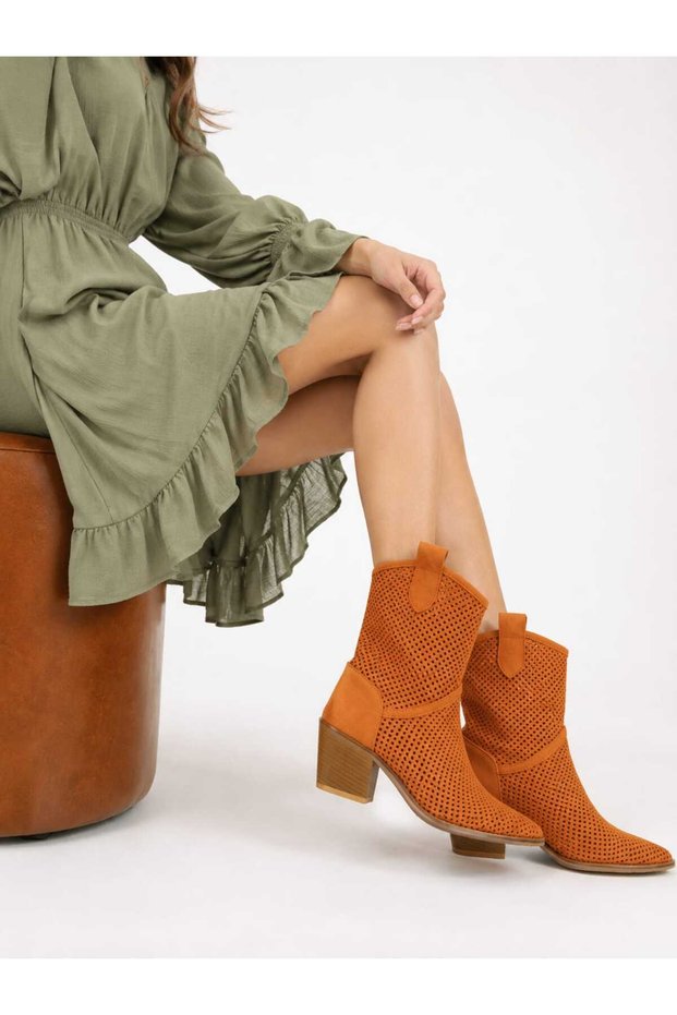 Handy Women's Western Cowboy Heeled Suede Laser Cut Perforated Summer Boots - Orange