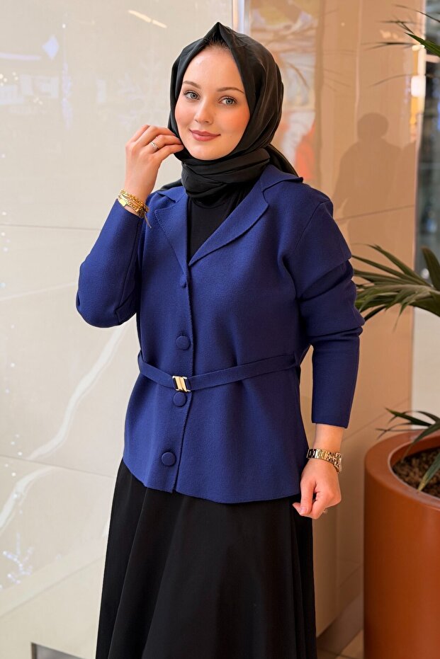 Double-Breasted Collar Buckle Belted Knitwear Jacket