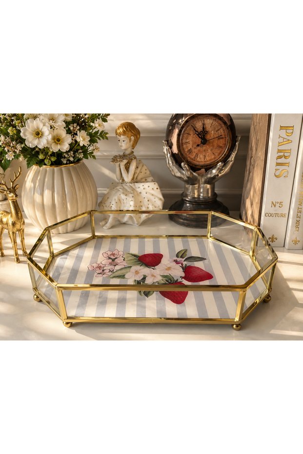 Decorative Octagonal Metal Glass Patterned Presentation Tray 26 cm
