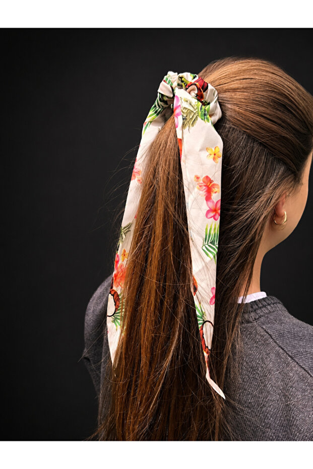 Bym White Tropical Patterned Scarf Model Elastic Satin Women's Hair Clip
