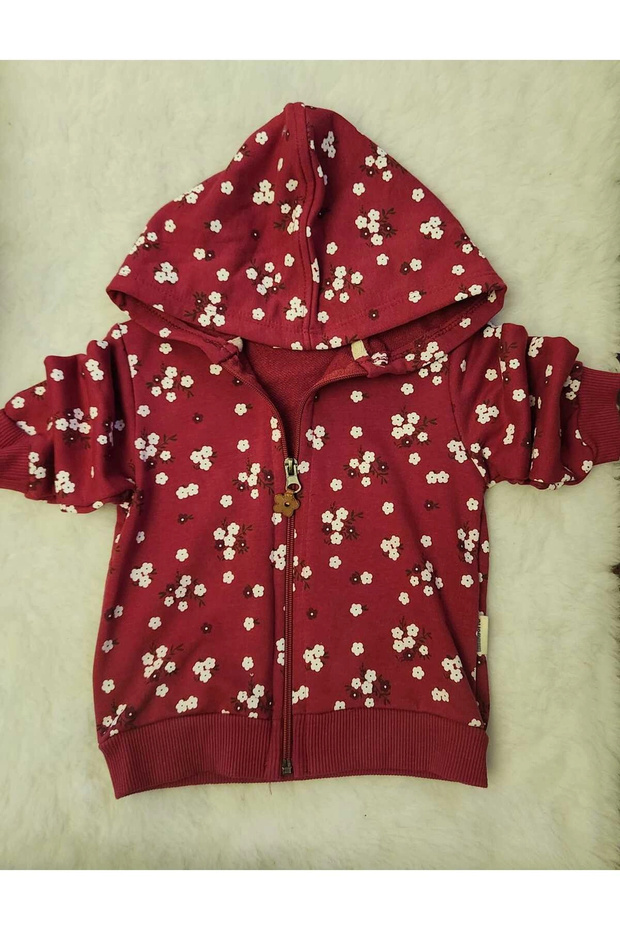 Girl's Soft Floral Patterned Zippered Hooded Combed Cotton Cardigan
