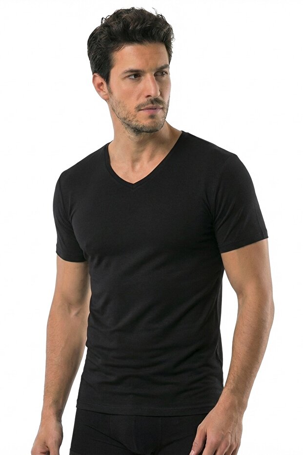 تي شيرت رجالي برقبة على شكل حرف V (47% مودال - 47% قطن - 6% إيلاستين)
