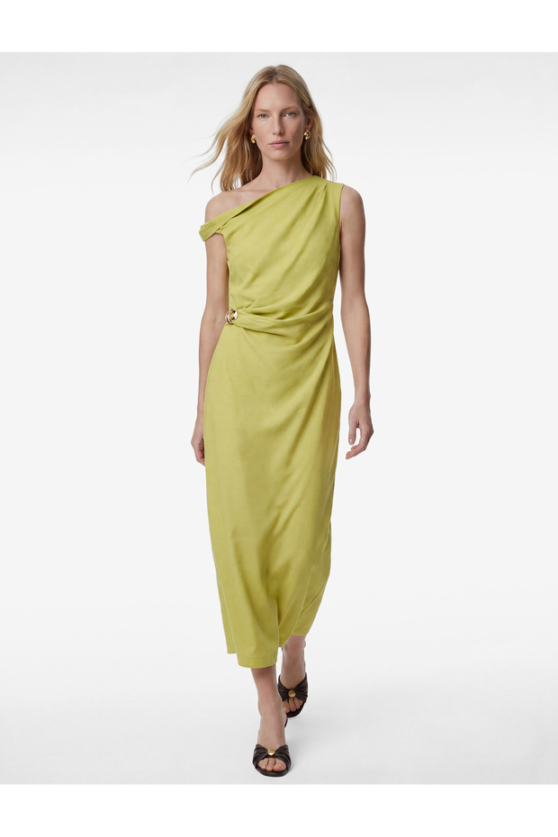 X Melis Ağazat - Sleeveless Asymmetrical Collar Off-The-Shoulder Long Dress with Accessories