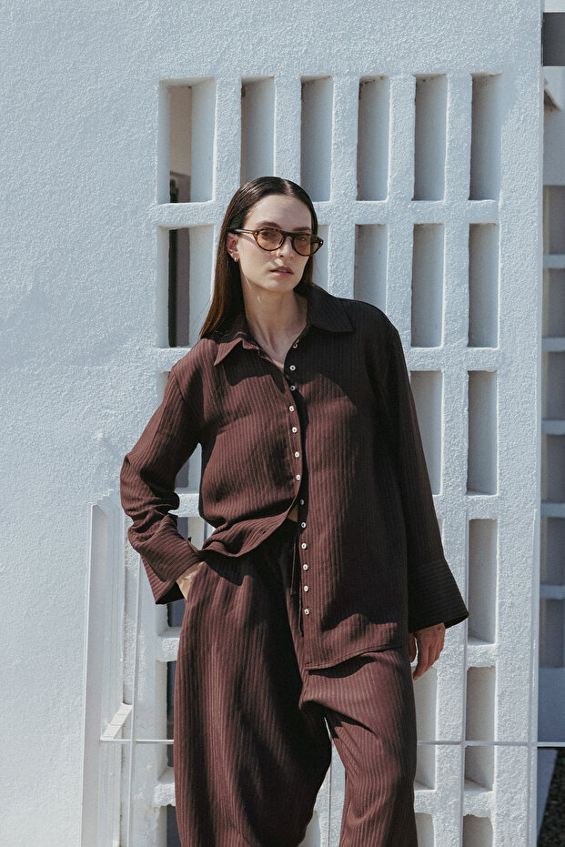 Multi-Button Striped Textured Shirt Brown