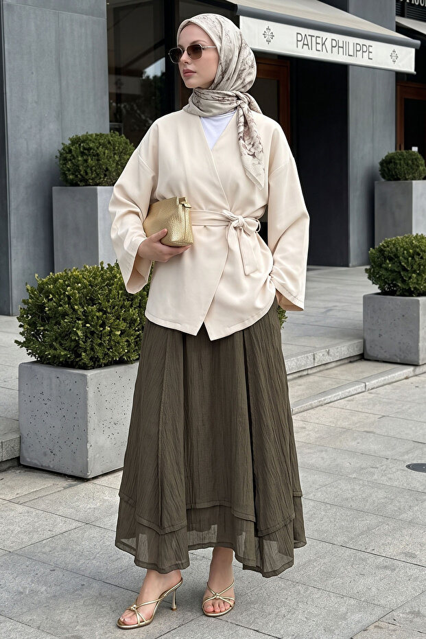 Belted Single Button Double Kimono Stone