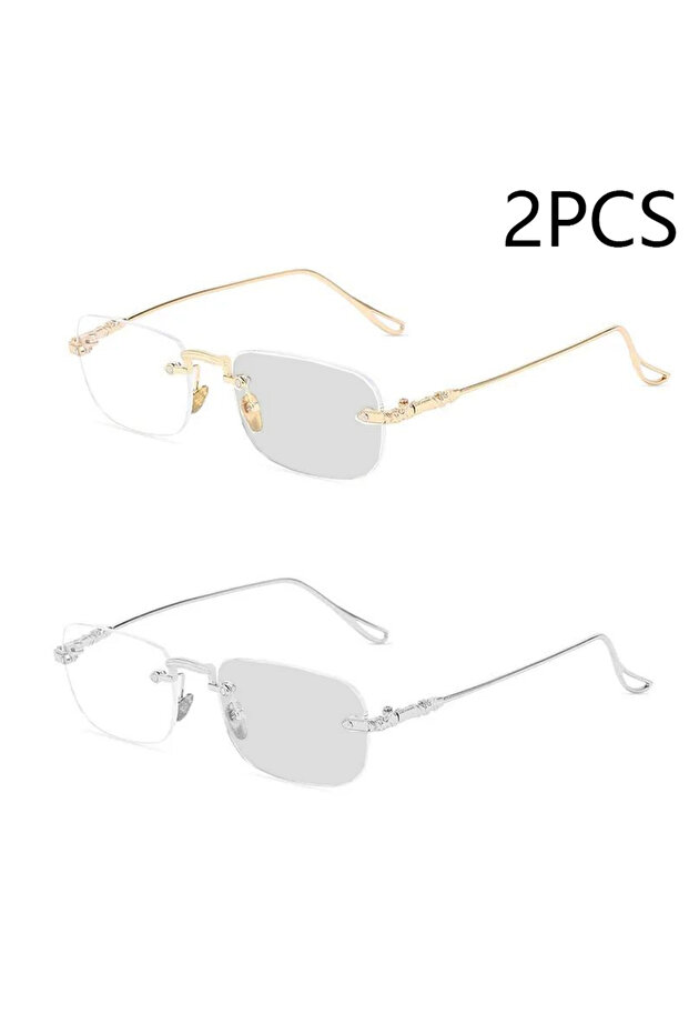 2 Pcs Gold Silver Photochromic Anti-blue Glasses Frameless Temperament Flat Lens Burst Glasses Men S