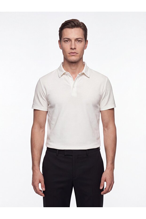 Slim Fit Cotton Non-Curling Polo Collar Ecru T-Shirt Ts 928