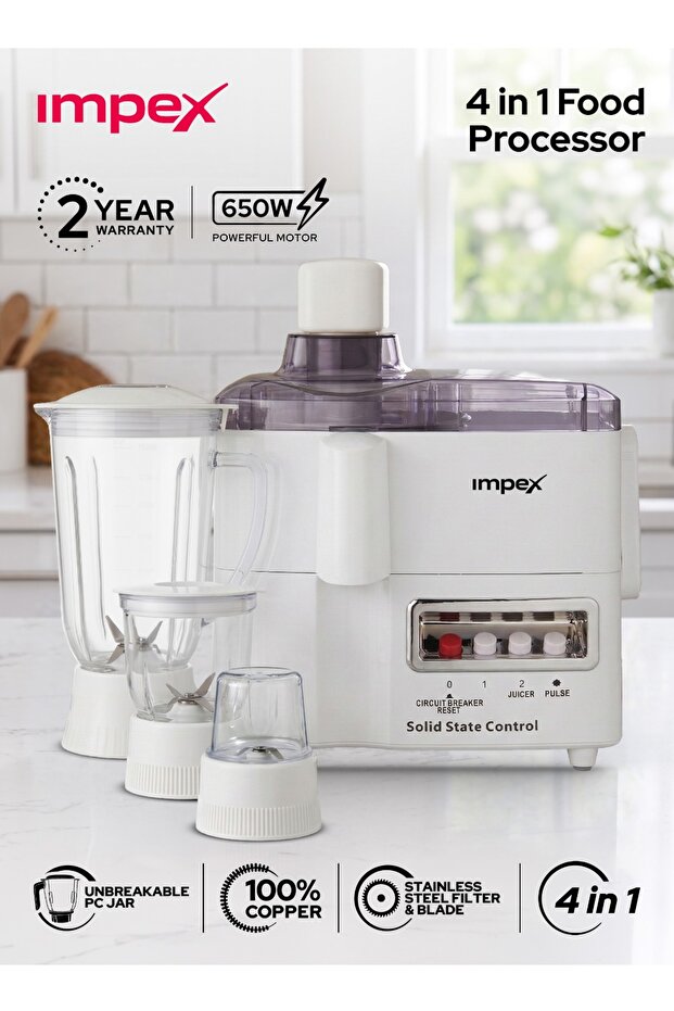 JB 414C 4in1 Food Processor 650W, 1.5L Jar,2 Speed&Pulse, SS Filter&Blade,Overheat Protection