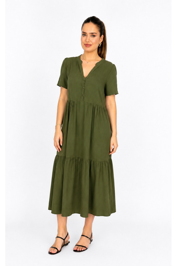 Women's V-Neck Buttoned Cotton Viscose Midi Dress