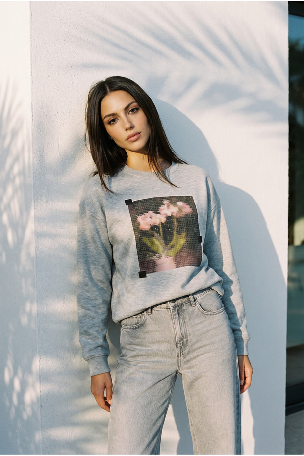 Gray Oversize Printed Women's Sweatshirt