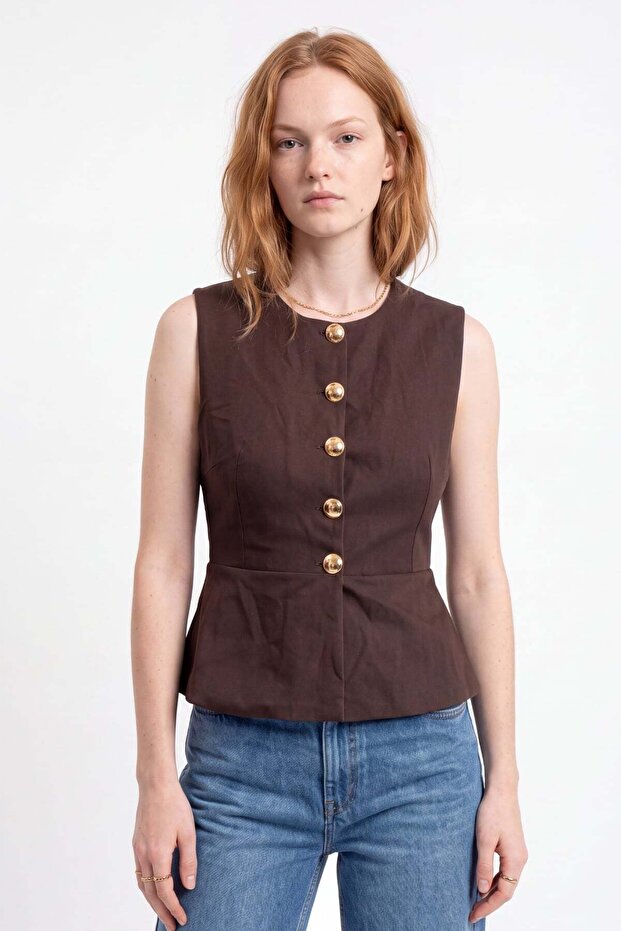 Fitted Peplum Detailed Accessory Buttoned Vest