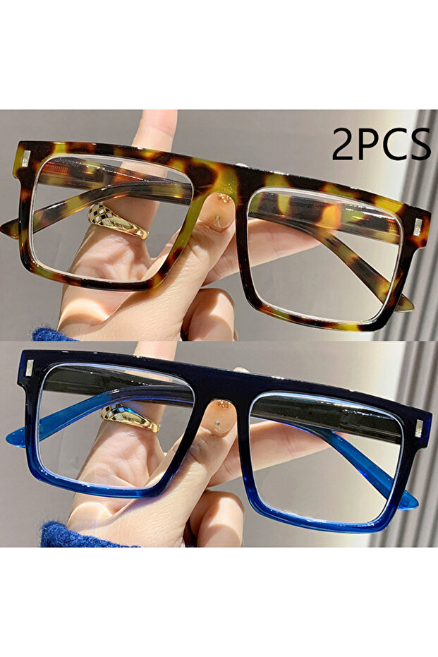 +150 2PCSDemiBlue 2/3PC New Fashion Large Frame Reading Glasses Trendy Square Frame Rice Nail Middle