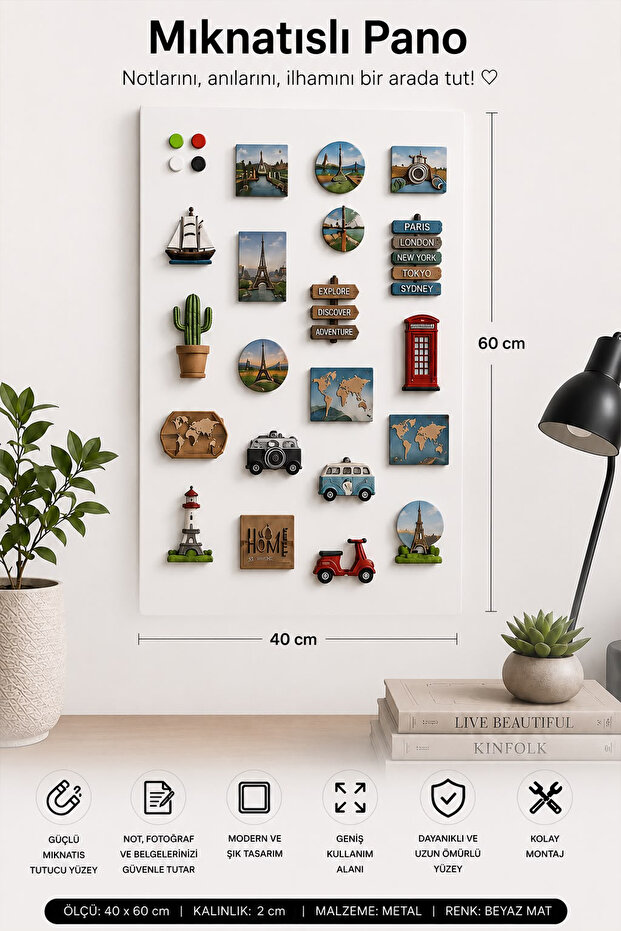 White Magnetic Gift Board Metal 60X40 cm – Magnetic Board - Note Holder, Photo Hanger and Decorative Board
