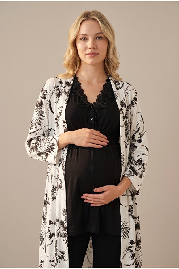 Women's Black Patterned Lace New Season 3-Piece Maternity Pajama Set with Dressing Gown