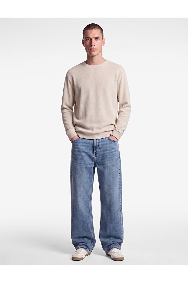Cotton Long Sleeve Textured Basic Crew Neck Sweatshirt