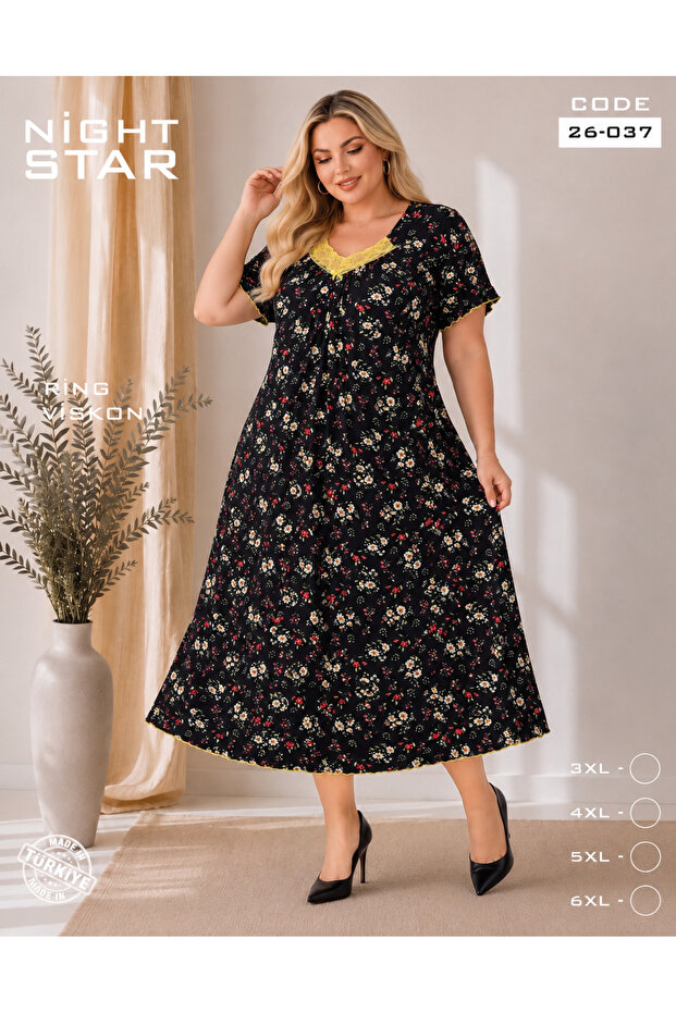 Elite Floral Patterned Yellow Lace Plus Size Short Flared Dress