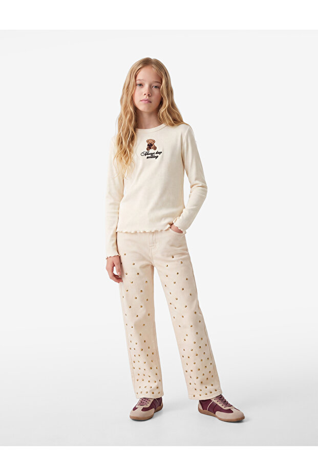 Long Sleeve Crew Neck Teddy Bear Embroidered Cotton T-Shirt