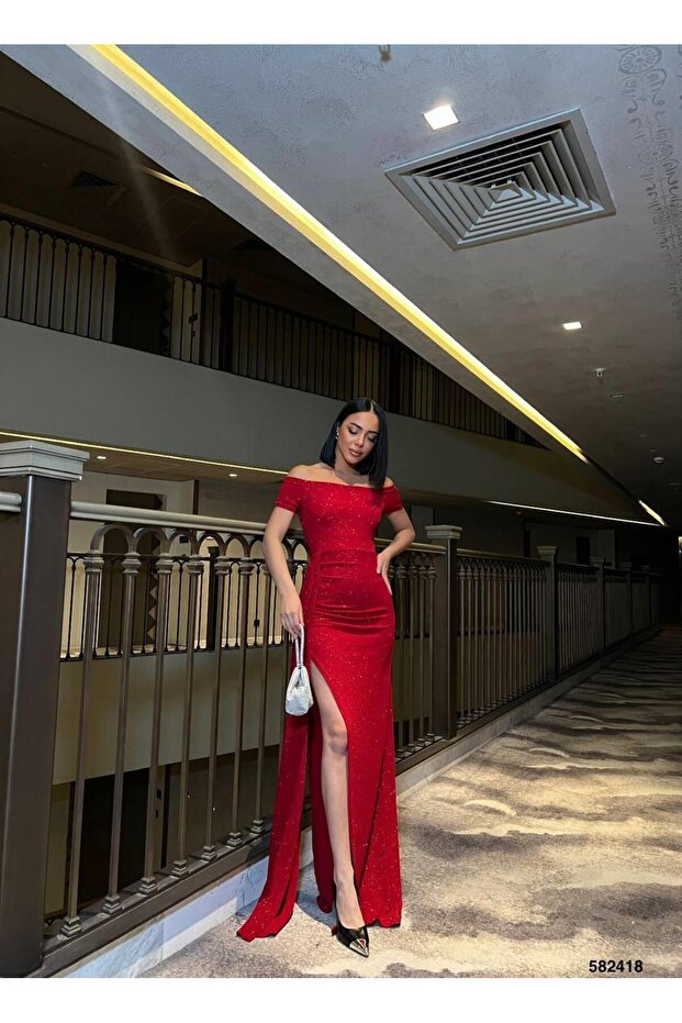 Boat neck mini sleeve glittery evening dress 582418 red