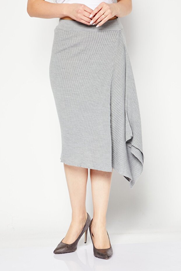 Women Solid Ribbed Midi Skirt, Grey