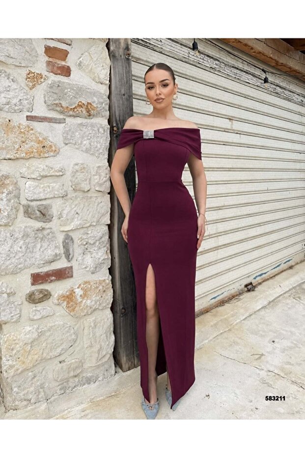 Strapless Collar Stone Detailed Slit Dress Light Purple 583211