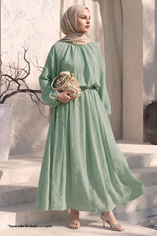 Balloon Sleeve Skirted Mint Linen Set