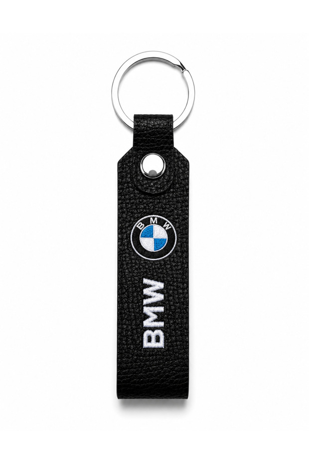 سلسلة مفاتيح من الجلد الصناعي الأسود مطبوع عليها شعار BMW