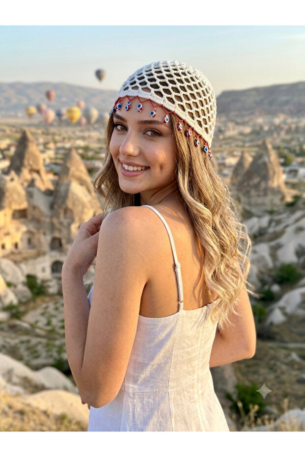 قبعة كروشيه مزينة بالترتر/قبعة فيرال ميل/قبعة حمراء/مطرزة بخرز العين الشريرة/هدية بتصميم خاص/هدية تذكارية